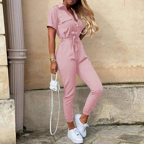 Casual lapel buckle print belt frock jumpsuit